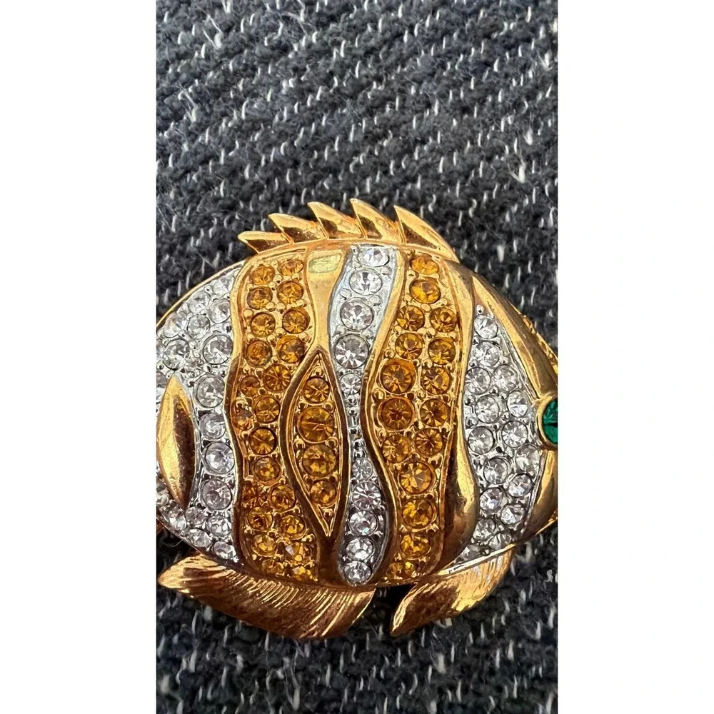 Y2K Corpcore Rhinestone Fish Brooch Gold Tone Amber Clear Tropical Angelfish Pin